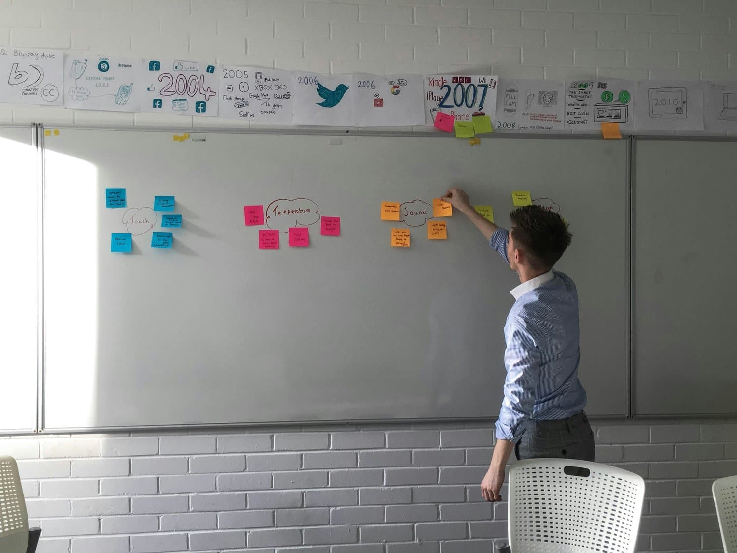 Personne organisant des post-its sur un tableau blanc