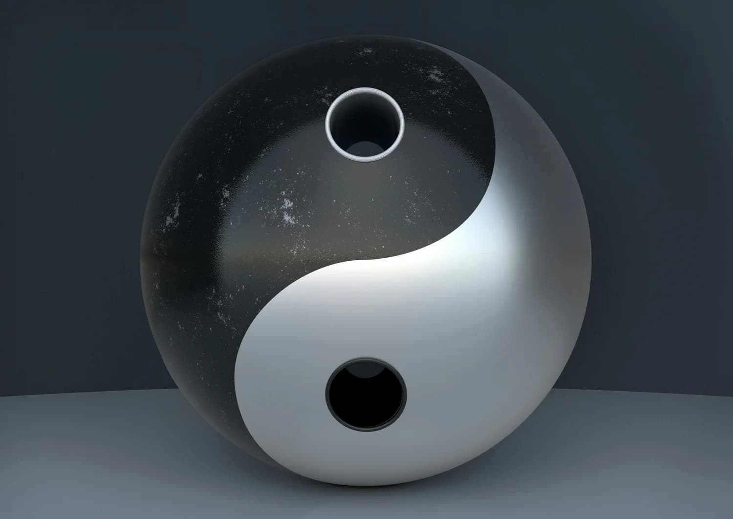 Sphère yin-yang en trois dimensions, moitié noire et moitié argentée