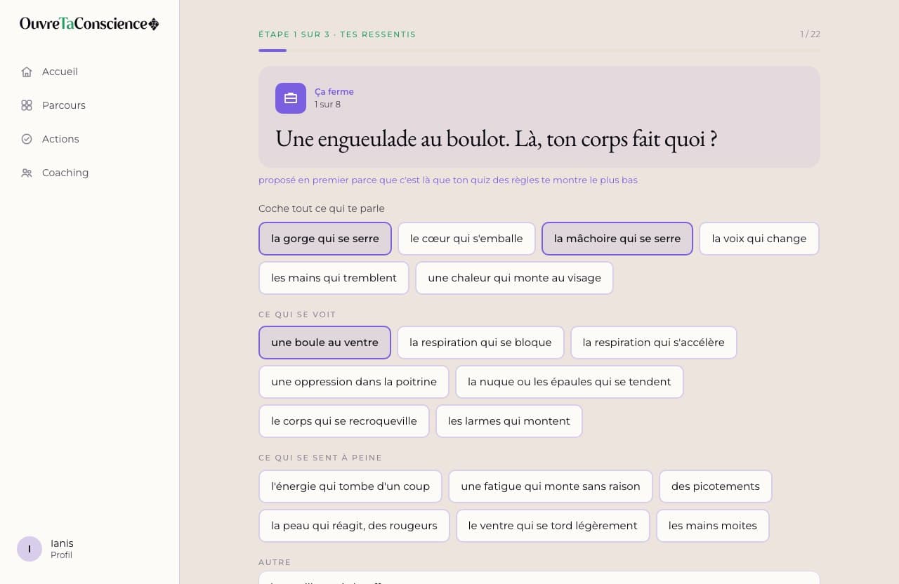 L'outil « Cartographie des signaux » : tu coches ce que ton corps fait