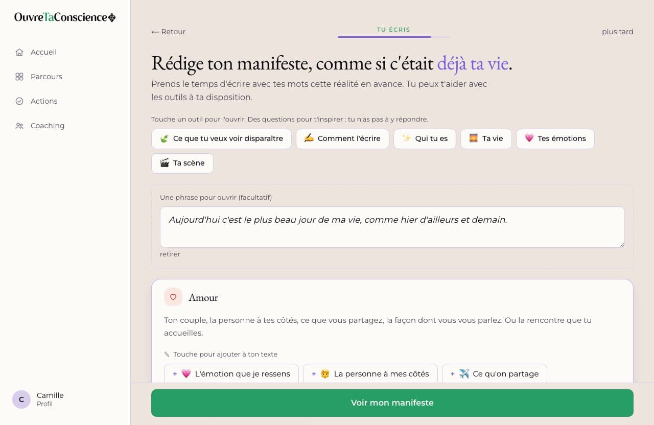 L'écriture de ton manifeste, avec les débuts de phrase